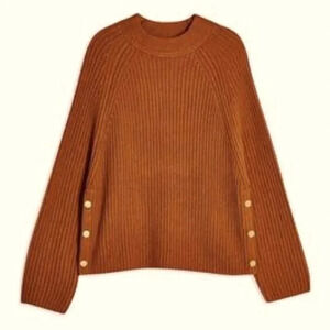 TOPSHOP | Women Side Buttons Rib Knit Crew Neck Rust Pullover Sweater Size 8-10